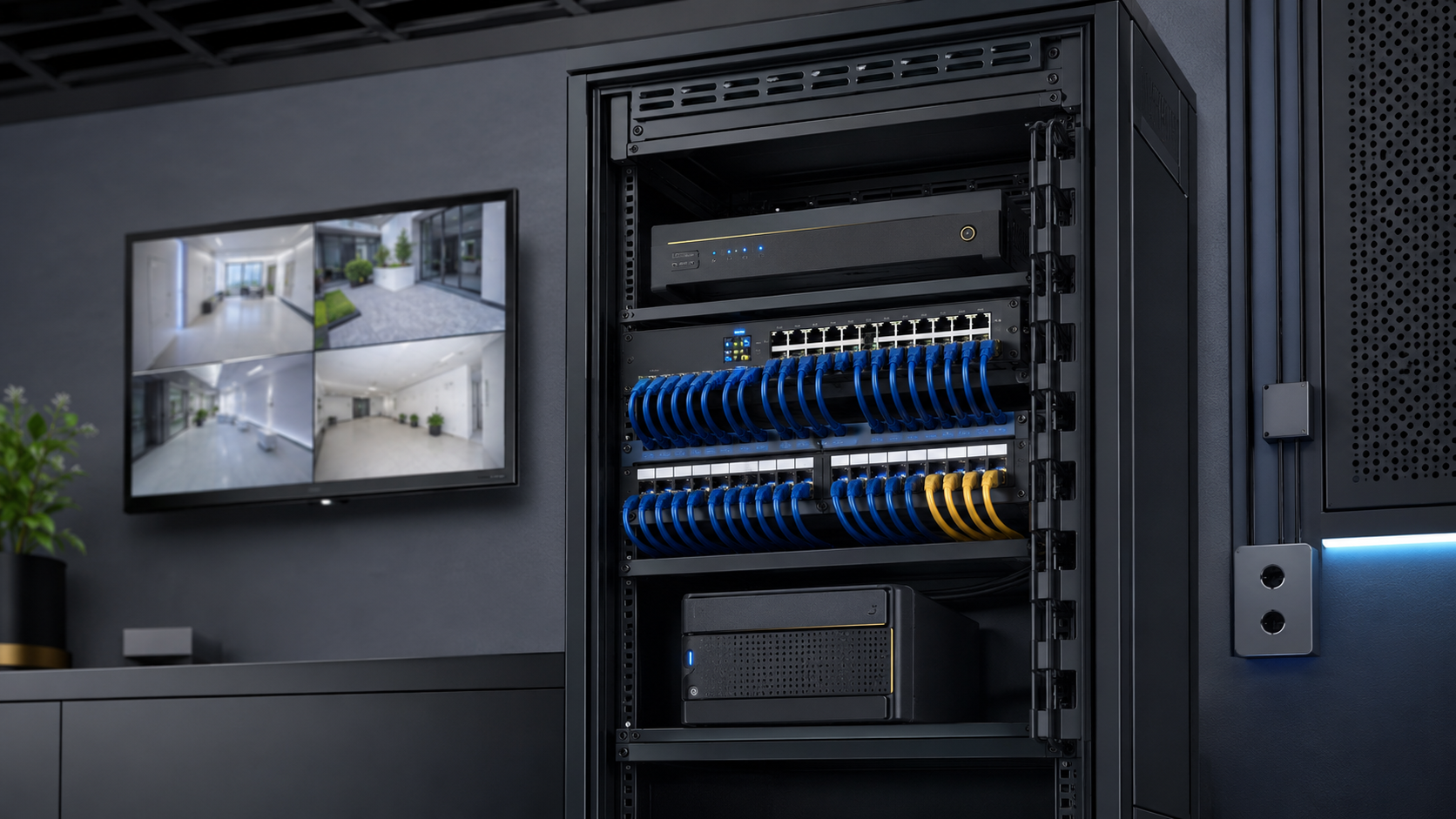 Rack, NVR y cableado de CCTV